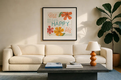 Mod Floral V by Veronique Charron. Displayed in a glass frame with matte in a clean modern living room. Available as an archival giclee rolled canvas, fine art paper, or poster print. SKU 75314a.