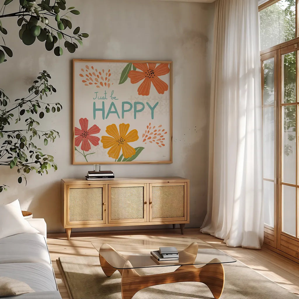 Mod Floral V No Lines by Veronique Charron. Shown in a natural wood frame in a cozy modern living room. Available as an archival giclee rolled canvas, fine art paper, or poster print. SKU 75753a.