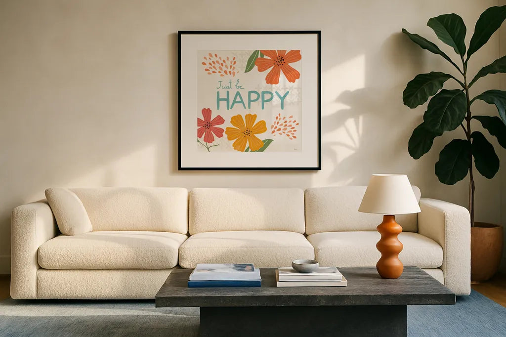 Mod Floral V No Lines by Veronique Charron. Displayed in a glass frame with matte in a clean modern living room. Available as an archival giclee rolled canvas, fine art paper, or poster print. SKU 75753a.