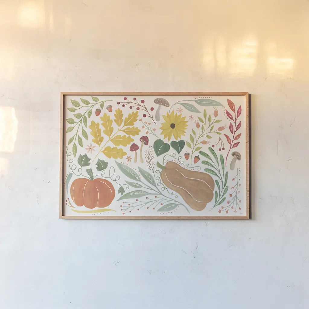 Mod Harvest I by Veronique Charron. shown as a paper print in a natural frame. Available as a archival giclee rolled canvas, fine art paper, or poster print. SKU 90067i.