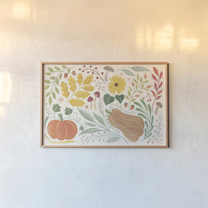 Mod Harvest I by Veronique Charron. shown as a paper print in a natural frame. Available as a archival giclee rolled canvas, fine art paper, or poster print. SKU 90067i.