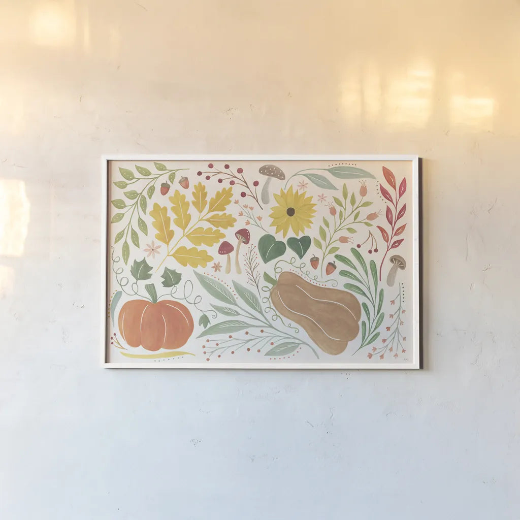 Mod Harvest I by Veronique Charron. shown as a paper print in a white frame. Available as a archival giclee rolled canvas, fine art paper, or poster print. SKU 90067i.