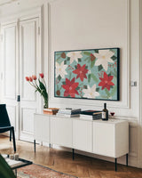 Mod Holiday I by Veronique Charron. shown as a framed stretched canvas in a living room above a console. Available as a archival giclee rolled canvas, fine art paper, or poster print. SKU 78151i.