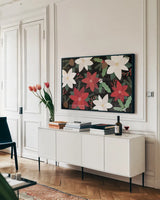 Mod Holiday I Dark by Veronique Charron. shown as a framed stretched canvas in a living room above a console. Available as a archival giclee rolled canvas, fine art paper, or poster print. SKU 78158i.