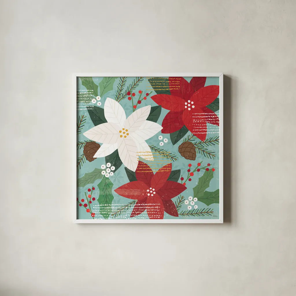 Mod Holiday II by Veronique Charron. Shown in a crisp white glass frame for a clean and minimalist style. Available as an archival giclee rolled canvas, fine art paper, or poster print. SKU 78152a.
