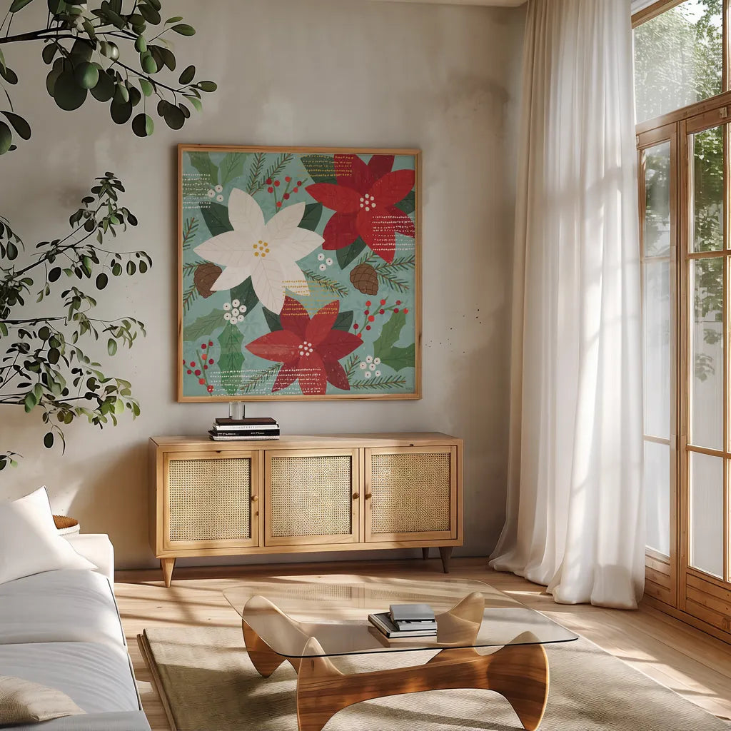 Mod Holiday II by Veronique Charron. Shown in a natural wood frame in a cozy modern living room. Available as an archival giclee rolled canvas, fine art paper, or poster print. SKU 78152a.