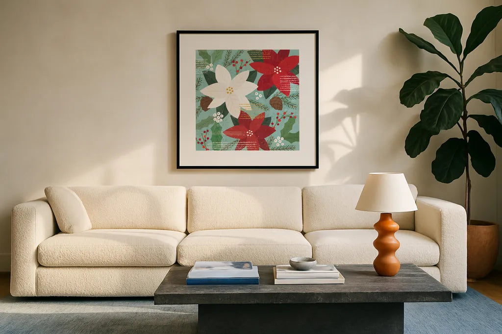 Mod Holiday II by Veronique Charron. Displayed in a glass frame with matte in a clean modern living room. Available as an archival giclee rolled canvas, fine art paper, or poster print. SKU 78152a.