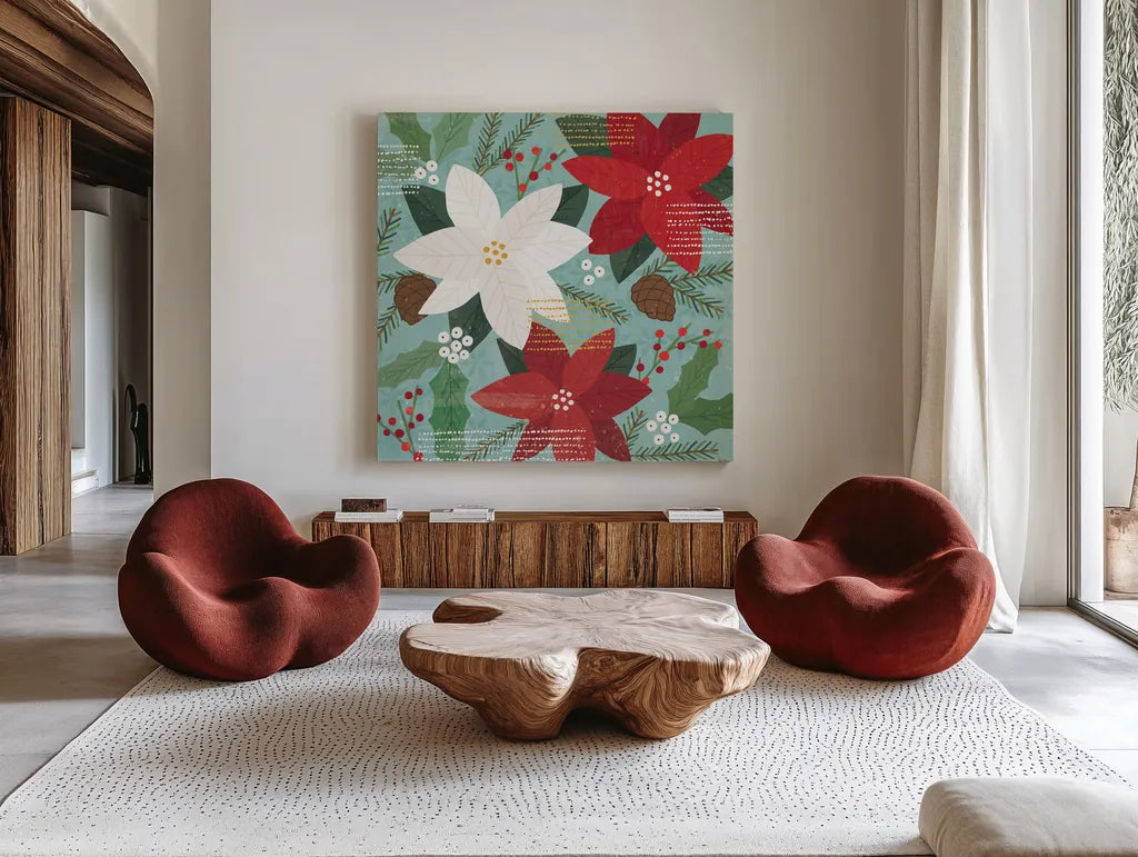 Mod Holiday II by Veronique Charron. Shown as extra-large giant wall art in a modern living room. Available as an archival giclee rolled canvas, fine art paper, or poster print. SKU 78152a.