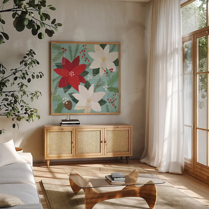 Mod Holiday III by Veronique Charron. Shown in a natural wood frame in a cozy modern living room. Available as an archival giclee rolled canvas, fine art paper, or poster print. SKU 78153a.