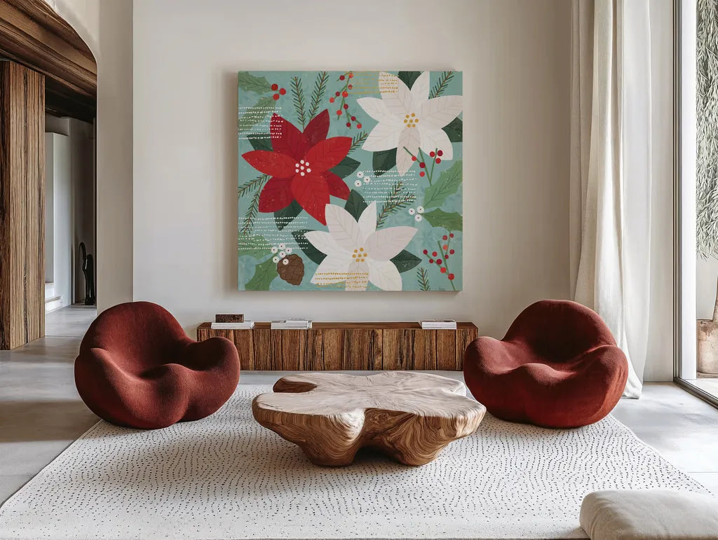 Mod Holiday III by Veronique Charron. Shown as extra-large giant wall art in a modern living room. Available as an archival giclee rolled canvas, fine art paper, or poster print. SKU 78153a.
