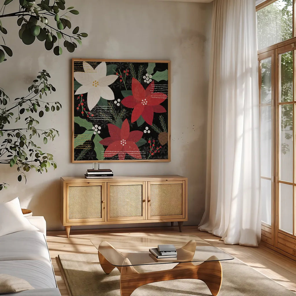 Mod Holiday IV by Veronique Charron. Shown in a natural wood frame in a cozy modern living room. Available as an archival giclee rolled canvas, fine art paper, or poster print. SKU 78154a.