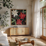 Mod Holiday IV by Veronique Charron. Shown in a natural wood frame in a cozy modern living room. Available as an archival giclee rolled canvas, fine art paper, or poster print. SKU 78154a.