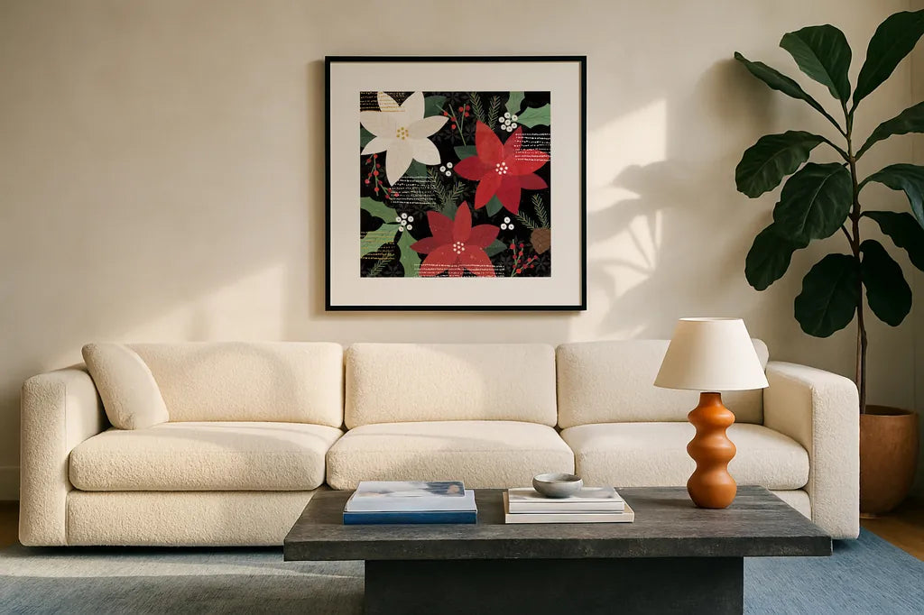 Mod Holiday IV by Veronique Charron. Displayed in a glass frame with matte in a clean modern living room. Available as an archival giclee rolled canvas, fine art paper, or poster print. SKU 78154a.