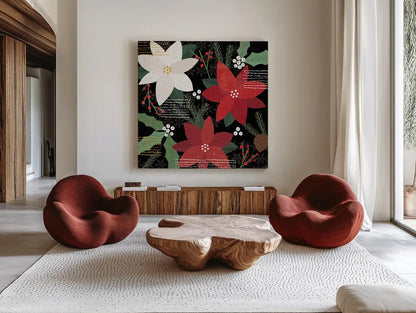 Mod Holiday IV by Veronique Charron. Shown as extra-large giant wall art in a modern living room. Available as an archival giclee rolled canvas, fine art paper, or poster print. SKU 78154a.