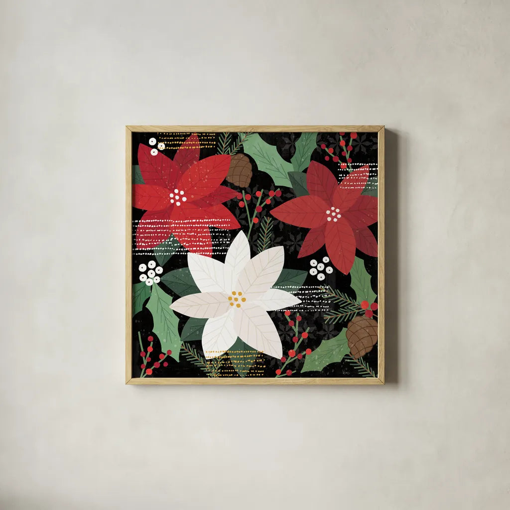 Mod Holiday V by Veronique Charron. Shown in a natural wood glass frame for a timeless modern aesthetic. Available as an archival giclee rolled canvas, fine art paper, or poster print. SKU 78155a.