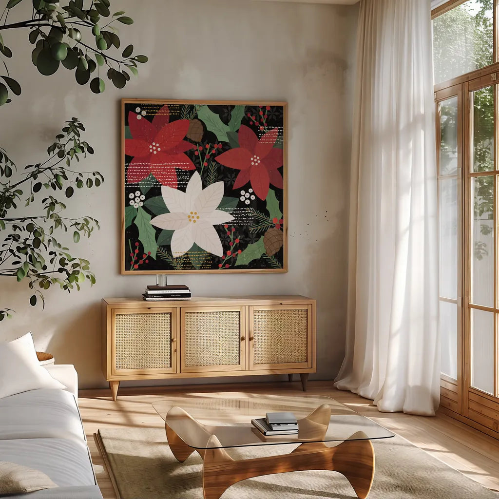Mod Holiday V by Veronique Charron. Shown in a natural wood frame in a cozy modern living room. Available as an archival giclee rolled canvas, fine art paper, or poster print. SKU 78155a.