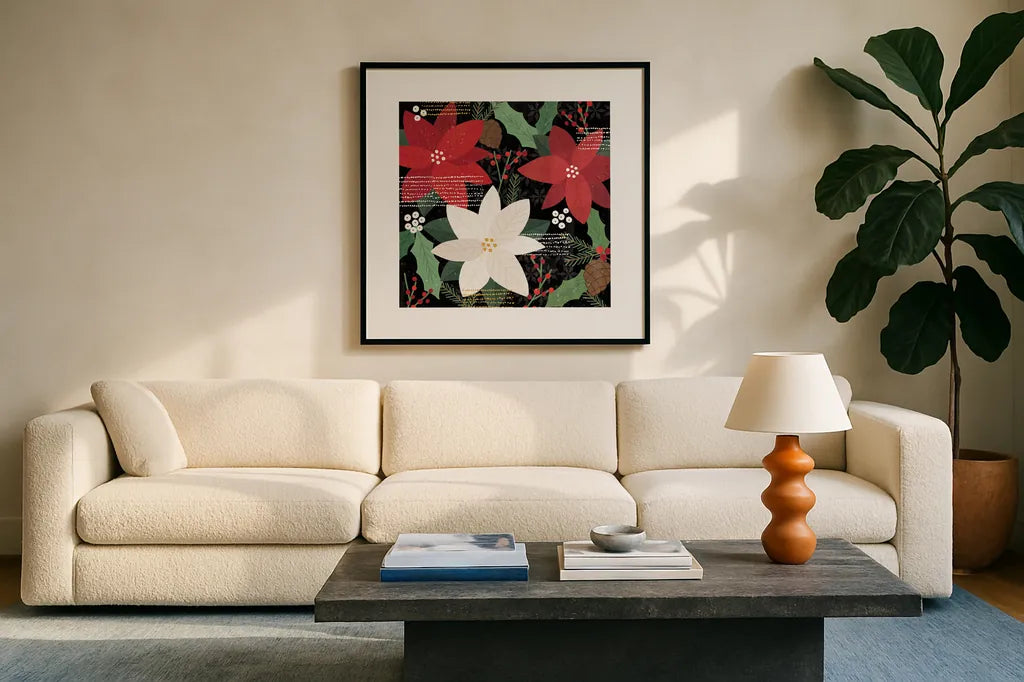 Mod Holiday V by Veronique Charron. Displayed in a glass frame with matte in a clean modern living room. Available as an archival giclee rolled canvas, fine art paper, or poster print. SKU 78155a.