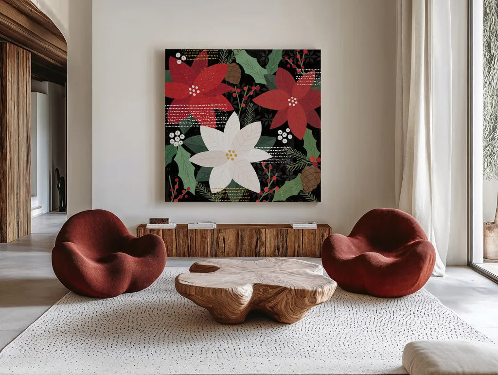 Mod Holiday V by Veronique Charron. Shown as extra-large giant wall art in a modern living room. Available as an archival giclee rolled canvas, fine art paper, or poster print. SKU 78155a.