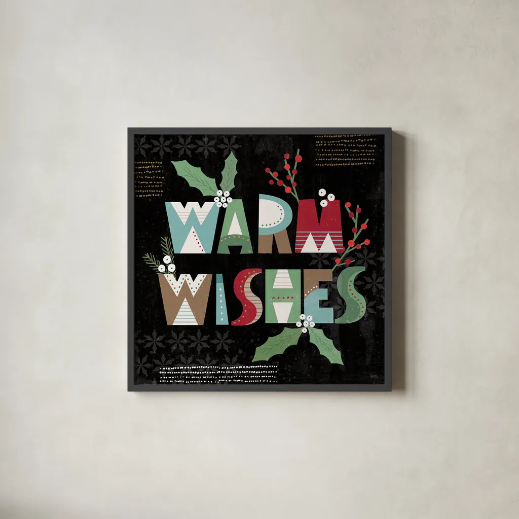 Mod Holiday VI Dark by Veronique Charron. Shown in a sleek black glass frame for a contemporary gallery look. Available as an archival giclee rolled canvas, fine art paper, or poster print. SKU 78159a.