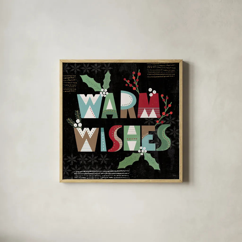 Mod Holiday VI Dark by Veronique Charron. Shown in a natural wood glass frame for a timeless modern aesthetic. Available as an archival giclee rolled canvas, fine art paper, or poster print. SKU 78159a.