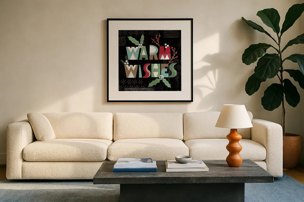 Mod Holiday VI Dark by Veronique Charron. Displayed in a glass frame with matte in a clean modern living room. Available as an archival giclee rolled canvas, fine art paper, or poster print. SKU 78159a.