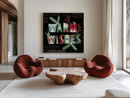 Mod Holiday VI Dark by Veronique Charron. Shown as extra-large giant wall art in a modern living room. Available as an archival giclee rolled canvas, fine art paper, or poster print. SKU 78159a.