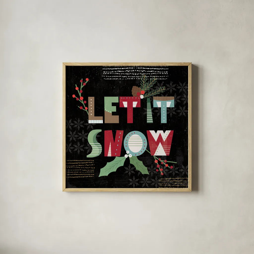 Mod Holiday VII Dark by Veronique Charron. Shown in a natural wood glass frame for a timeless modern aesthetic. Available as an archival giclee rolled canvas, fine art paper, or poster print. SKU 78160a.