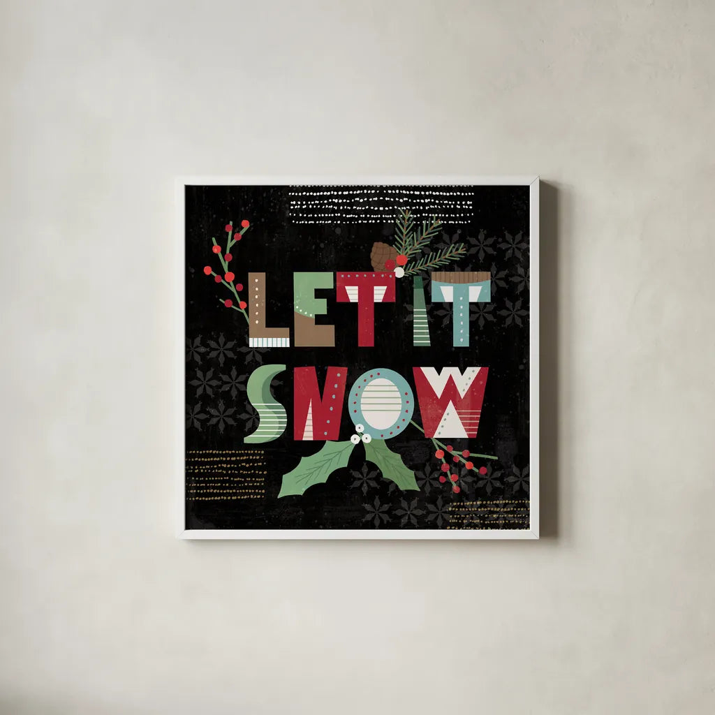 Mod Holiday VII Dark by Veronique Charron. Shown in a crisp white glass frame for a clean and minimalist style. Available as an archival giclee rolled canvas, fine art paper, or poster print. SKU 78160a.