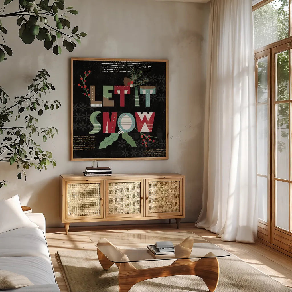 Mod Holiday VII Dark by Veronique Charron. Shown in a natural wood frame in a cozy modern living room. Available as an archival giclee rolled canvas, fine art paper, or poster print. SKU 78160a.