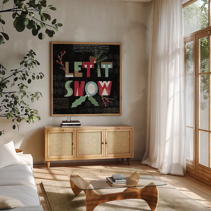 Mod Holiday VII Dark by Veronique Charron. Shown in a natural wood frame in a cozy modern living room. Available as an archival giclee rolled canvas, fine art paper, or poster print. SKU 78160a.