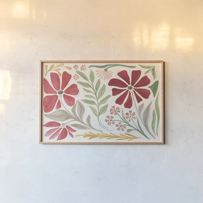 Modern Petals I by Veronique Charron. shown as a paper print in a natural frame. Available as a archival giclee rolled canvas, fine art paper, or poster print. SKU 89105i.