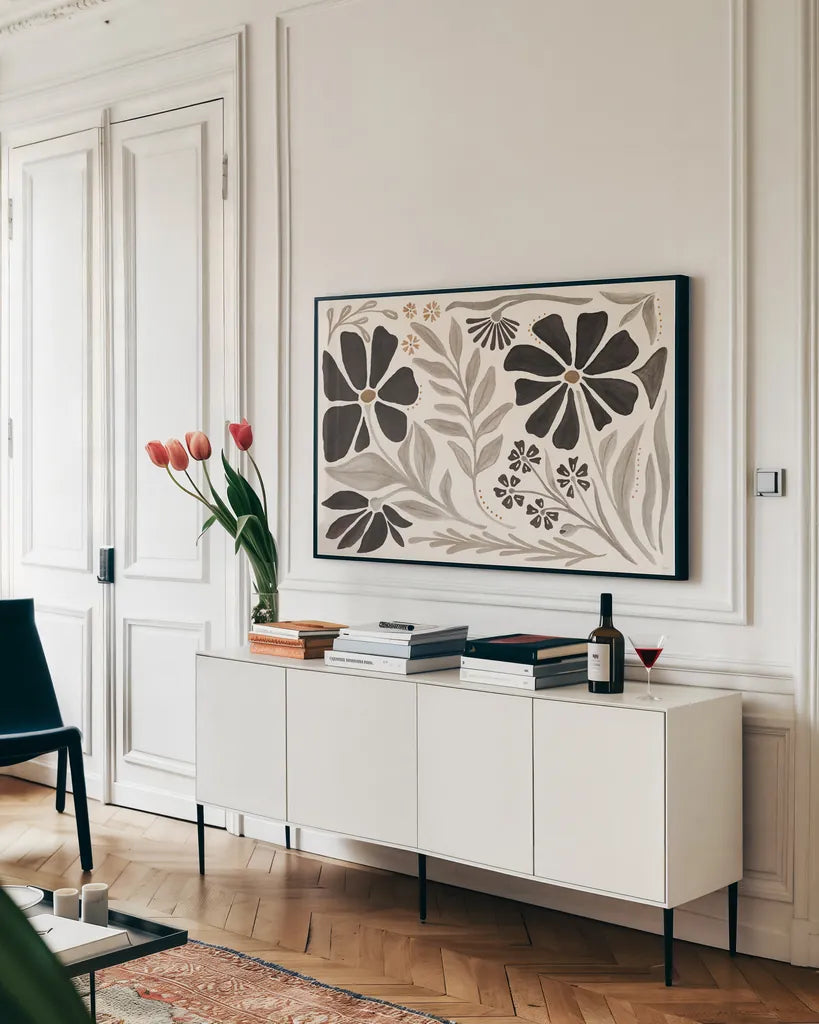 Modern Petals I Neutral by Veronique Charron. shown as a framed stretched canvas in a living room above a console. Available as a archival giclee rolled canvas, fine art paper, or poster print. SKU 89112i.