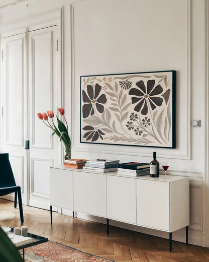 Modern Petals I Neutral by Veronique Charron. shown as a framed stretched canvas in a living room above a console. Available as a archival giclee rolled canvas, fine art paper, or poster print. SKU 89112i.