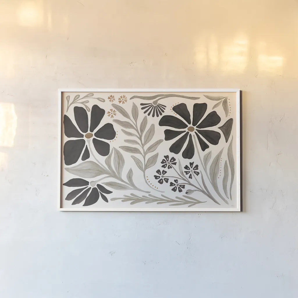 Modern Petals I Neutral by Veronique Charron. shown as a paper print in a white frame. Available as a archival giclee rolled canvas, fine art paper, or poster print. SKU 89112i.