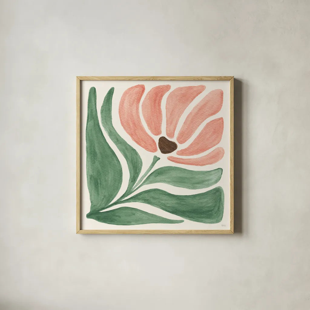 Modern Petals IV by Veronique Charron. Shown in a natural wood glass frame for a timeless modern aesthetic. Available as an archival giclee rolled canvas, fine art paper, or poster print. SKU 89108a.