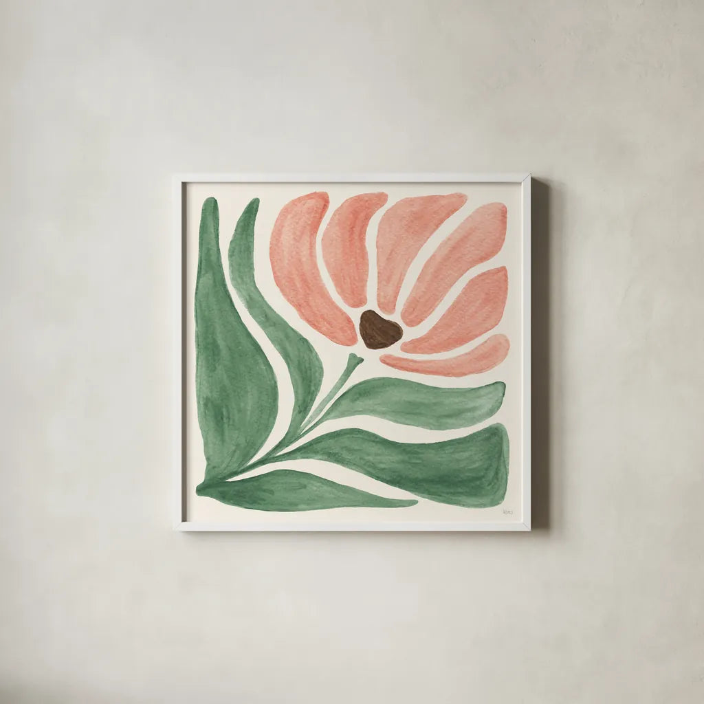 Modern Petals IV by Veronique Charron. Shown in a crisp white glass frame for a clean and minimalist style. Available as an archival giclee rolled canvas, fine art paper, or poster print. SKU 89108a.