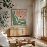 Modern Petals IV by Veronique Charron. Shown in a natural wood frame in a cozy modern living room. Available as an archival giclee rolled canvas, fine art paper, or poster print. SKU 89108a.
