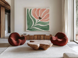 Modern Petals IV by Veronique Charron. Shown as extra-large giant wall art in a modern living room. Available as an archival giclee rolled canvas, fine art paper, or poster print. SKU 89108a.