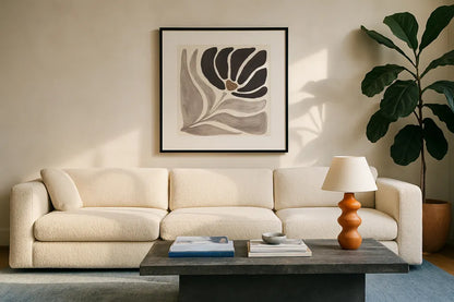 Modern Petals IV Neutral by Veronique Charron. Displayed in a glass frame with matte in a clean modern living room. Available as an archival giclee rolled canvas, fine art paper, or poster print. SKU 89115a.