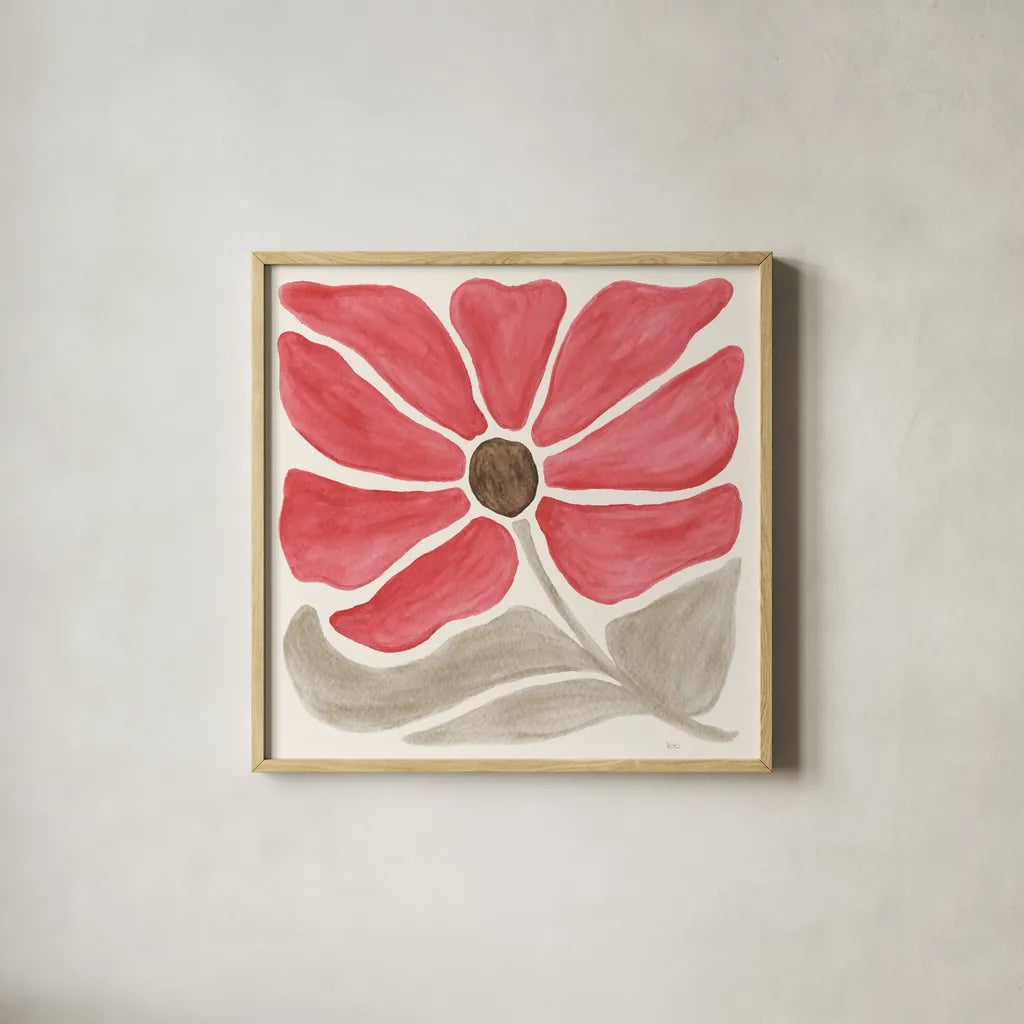 Modern Petals V by Veronique Charron. Shown in a natural wood glass frame for a timeless modern aesthetic. Available as an archival giclee rolled canvas, fine art paper, or poster print. SKU 89109a.
