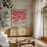 Modern Petals V by Veronique Charron. Shown in a natural wood frame in a cozy modern living room. Available as an archival giclee rolled canvas, fine art paper, or poster print. SKU 89109a.