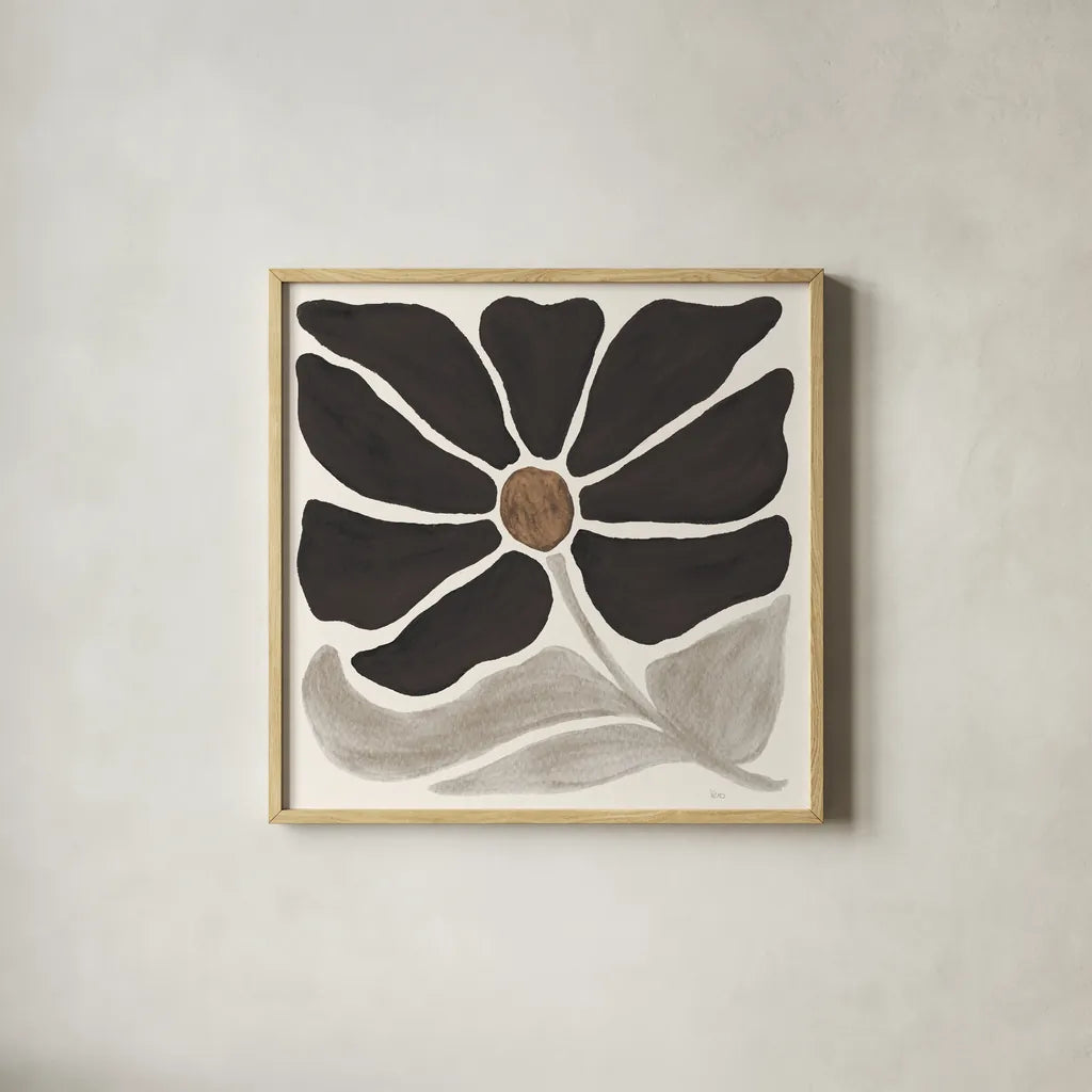 Modern Petals V Neutral by Veronique Charron. Shown in a natural wood glass frame for a timeless modern aesthetic. Available as an archival giclee rolled canvas, fine art paper, or poster print. SKU 89116a.