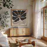 Modern Petals V Neutral by Veronique Charron. Shown in a natural wood frame in a cozy modern living room. Available as an archival giclee rolled canvas, fine art paper, or poster print. SKU 89116a.
