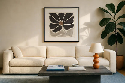 Modern Petals V Neutral by Veronique Charron. Displayed in a glass frame with matte in a clean modern living room. Available as an archival giclee rolled canvas, fine art paper, or poster print. SKU 89116a.