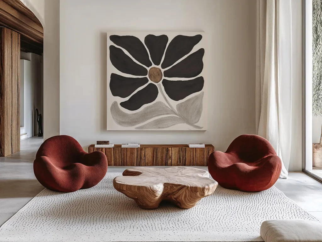 Modern Petals V Neutral by Veronique Charron. Shown as extra-large giant wall art in a modern living room. Available as an archival giclee rolled canvas, fine art paper, or poster print. SKU 89116a.