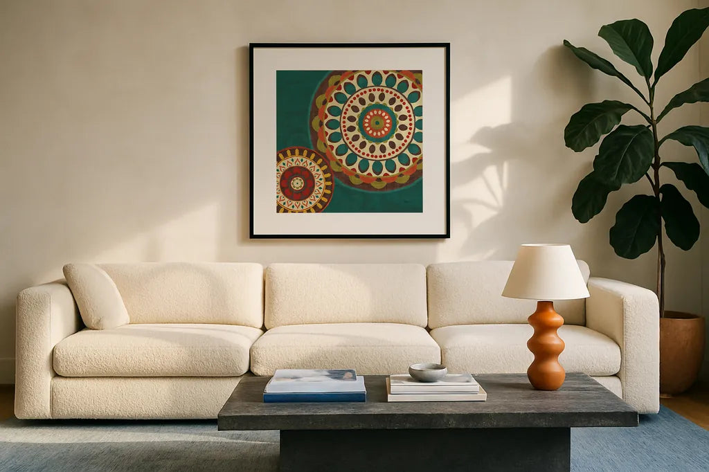 Moroccan Kasbah II by Veronique Charron. Displayed in a glass frame with matte in a clean modern living room. Available as an archival giclee rolled canvas, fine art paper, or poster print. SKU 74271a.