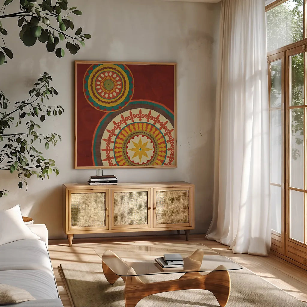 Moroccan Kasbah III by Veronique Charron. Shown in a natural wood frame in a cozy modern living room. Available as an archival giclee rolled canvas, fine art paper, or poster print. SKU 74272a.