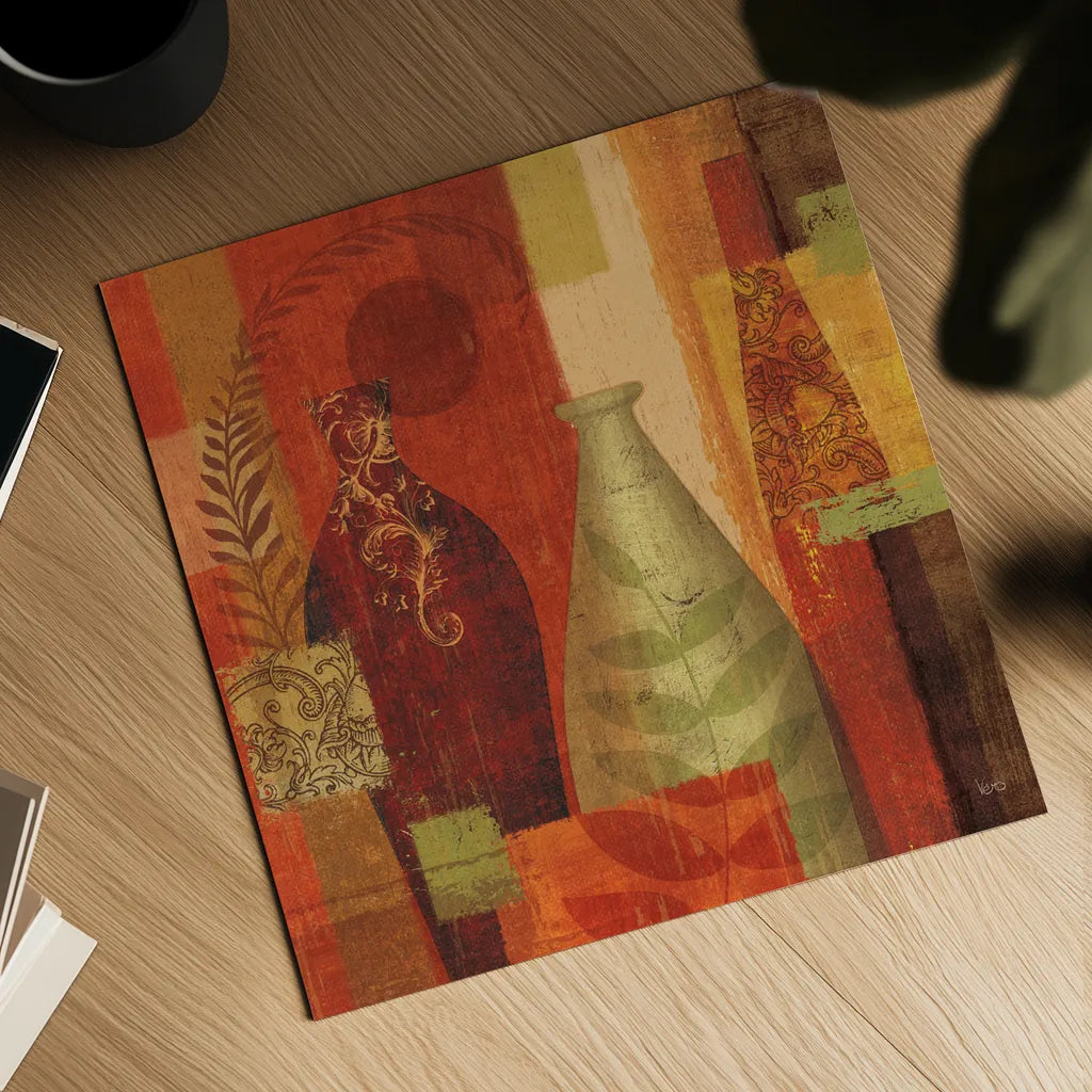 Mosaic Vases II by Veronique Charron. Shown as a detailed flat fine art print, highlighting archival giclee quality. Available as an archival giclee rolled canvas, fine art paper, or poster print. SKU 6441a.