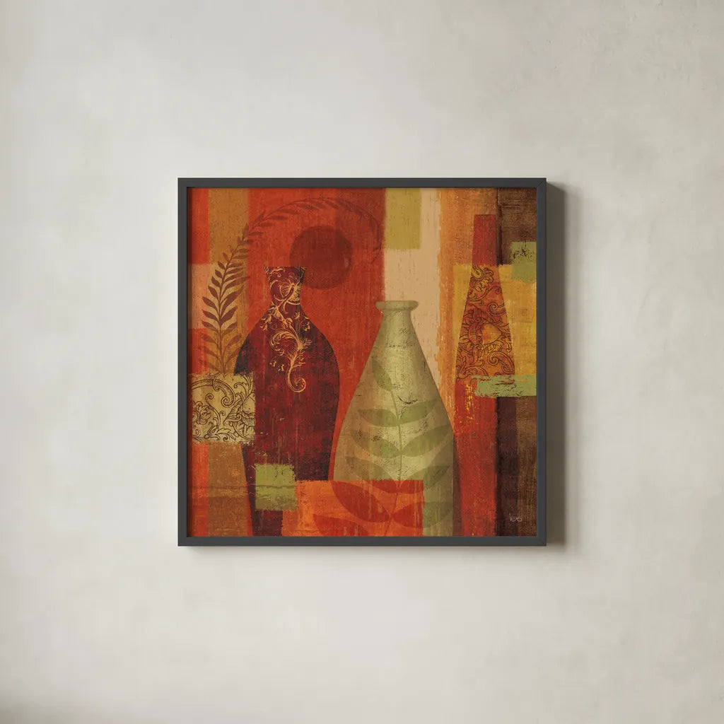 Mosaic Vases II by Veronique Charron. Shown in a sleek black glass frame for a contemporary gallery look. Available as an archival giclee rolled canvas, fine art paper, or poster print. SKU 6441a.