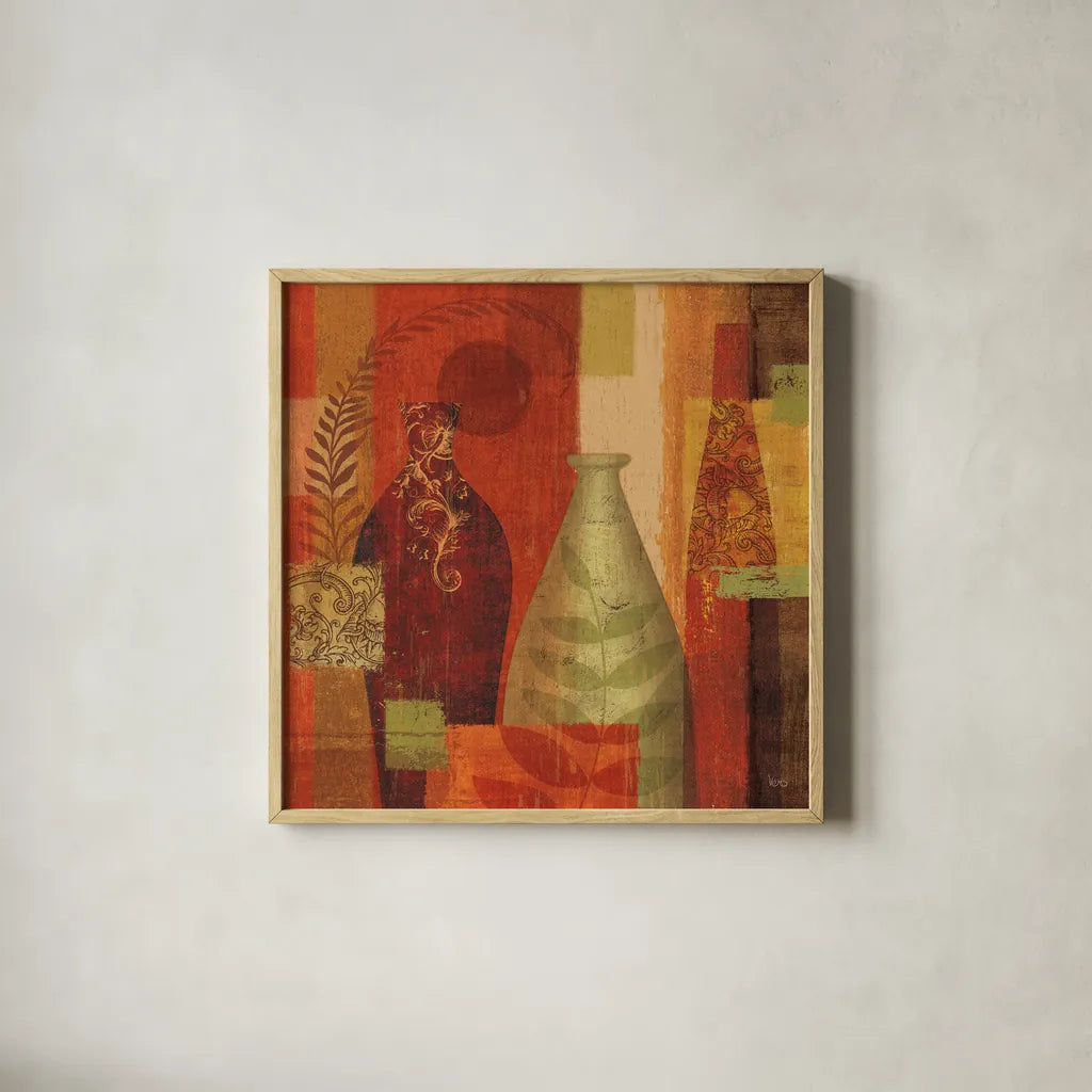 Mosaic Vases II by Veronique Charron. Shown in a natural wood glass frame for a timeless modern aesthetic. Available as an archival giclee rolled canvas, fine art paper, or poster print. SKU 6441a.